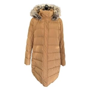 Lands' End Down Maxi Puffer Faux Fur Hood Tan Winter Coat 502699 Size XL (18)